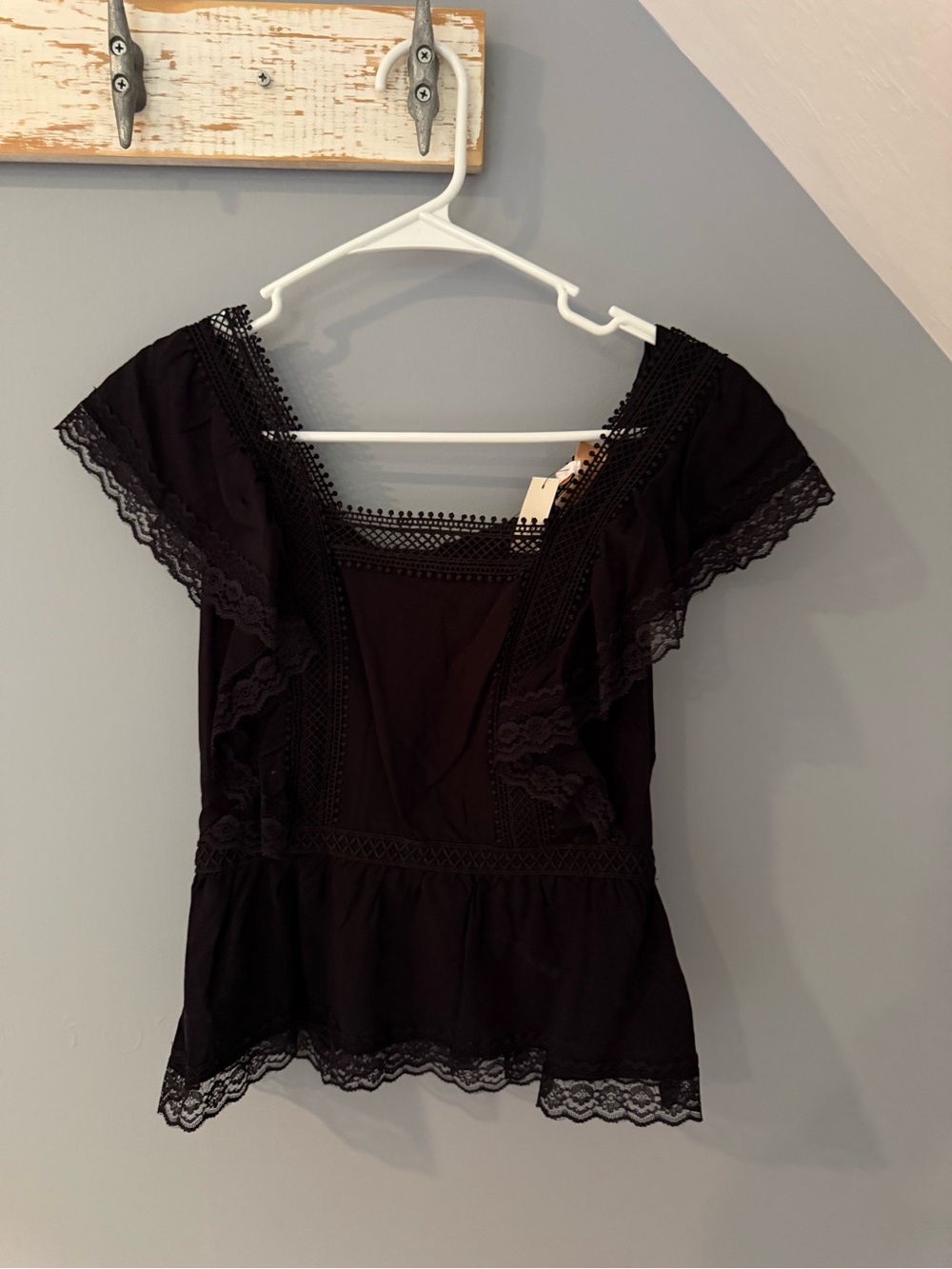 Audrey 3+1 Black Lace-Trim Peplum Blouse